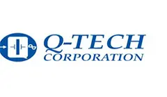 A blue and white logo of the q-tech corporation.