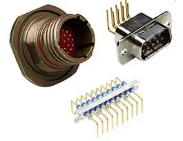 A group of electronic components including wires and connectors.