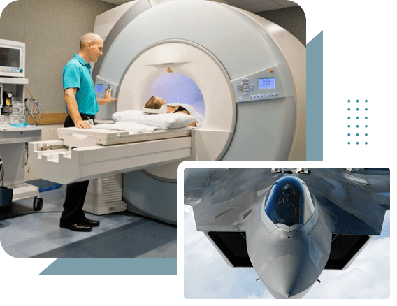 A man in front of an mri machine and a fighter jet.